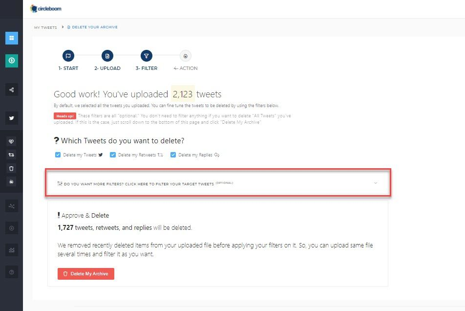 With Circleboom, you can clear tweets with specific keywords
