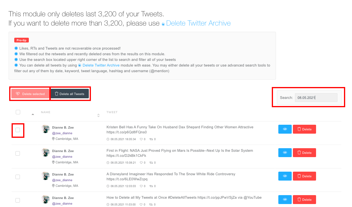 With Circleboom, it is very easy to clear tweets from a specific day.