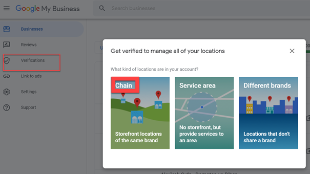 The chain option gives you the option to apply for bulk verification of all branches, chain stores, etc.