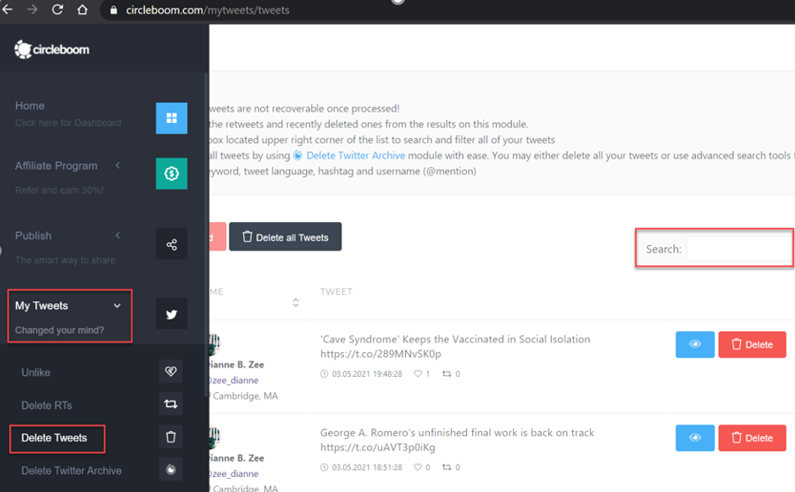 You easily auto delete tweets by keyword or hashtags in Circleboom