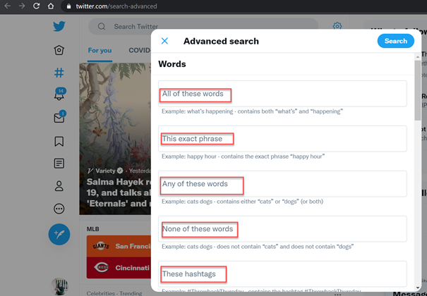 Here you can look for exact word, any words of a phrase, specific hashtag or exclude certain words