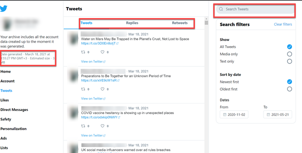 This timeline is offline, but you can search old tweets with search filters, keywords, etc.