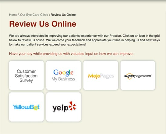 To make it simpler for your customers, you should integrate clickable links as you request for Google My Business reviews. | Source: Harrison Eye CareTo make it simpler for your customers, you should integrate clickable links as you request for Google My Business reviews. | Source: Harrison Eye Care