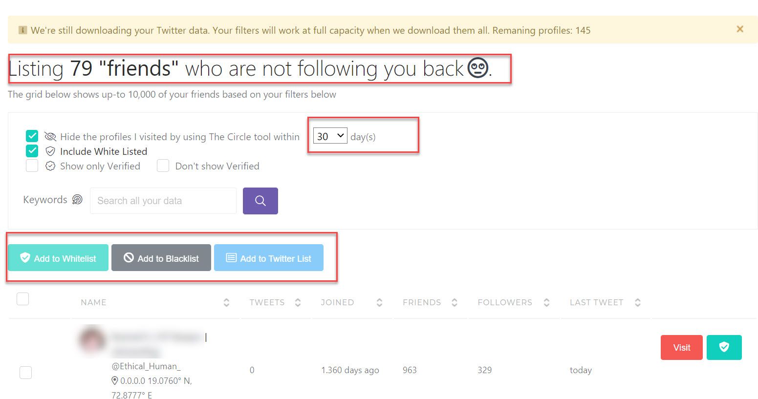 Find out those who are not following you back, filter them by keywords.