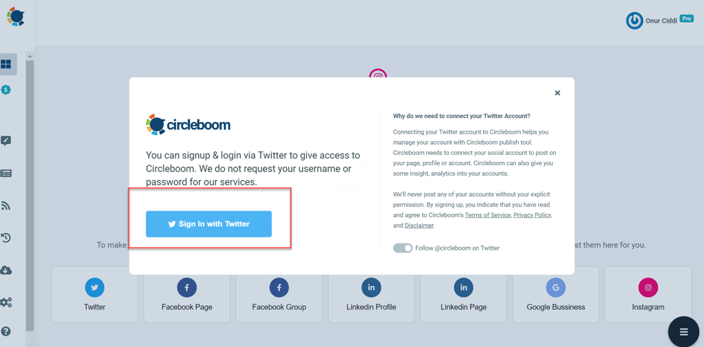 Take seconds to sync your Twitter profile to the Circleboom dashboard.