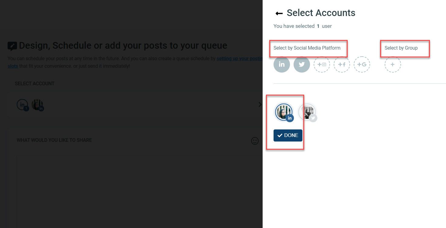 You’ll also see an option to “Select by Group” on this page. This feature allows you to combine posts from many accounts into a single one.