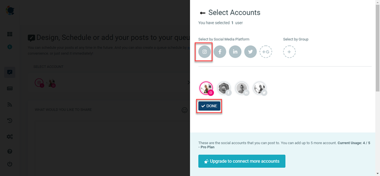 You can select and unselect each profile you signed in to or select multiple accounts by their platform and publish to all with one click.