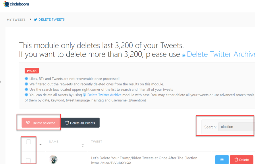 With Circleboom, you can easily filter your tweets, retweets and replies by searching for a specific keyword or hashtag to delete the ones you might think cause a Twitter shadowban.