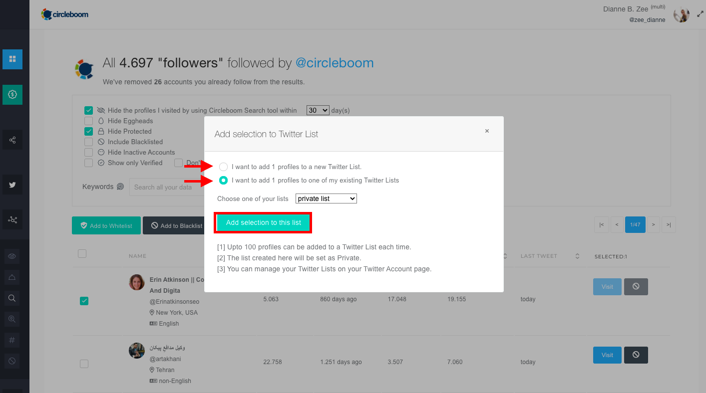 hide twitter following list with Circleboom!