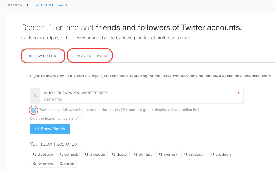 Search engine to find followers and friends of Twitter accounts on Circleboom