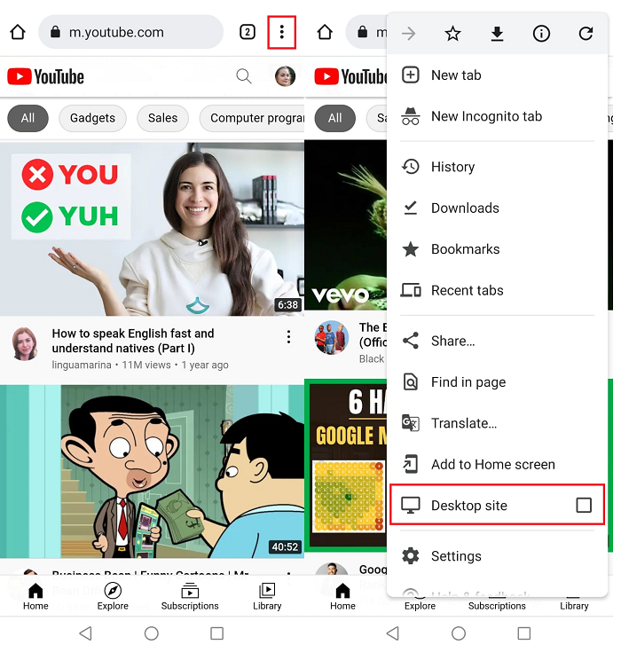Search Youtube on your browser and choose 'Desktop Site' on Youtube.