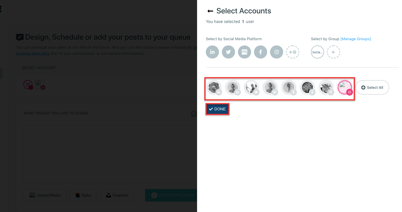 You can choose which accounts you want to publish from.