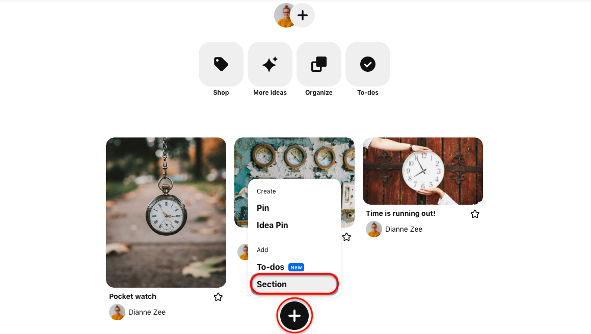 Click on the plus symbol to create Pinterest sections.
