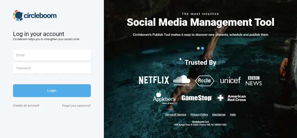 Circleboom Publish log-in screenIf you are new to Circleboom Publish, you can get a new account in seconds.