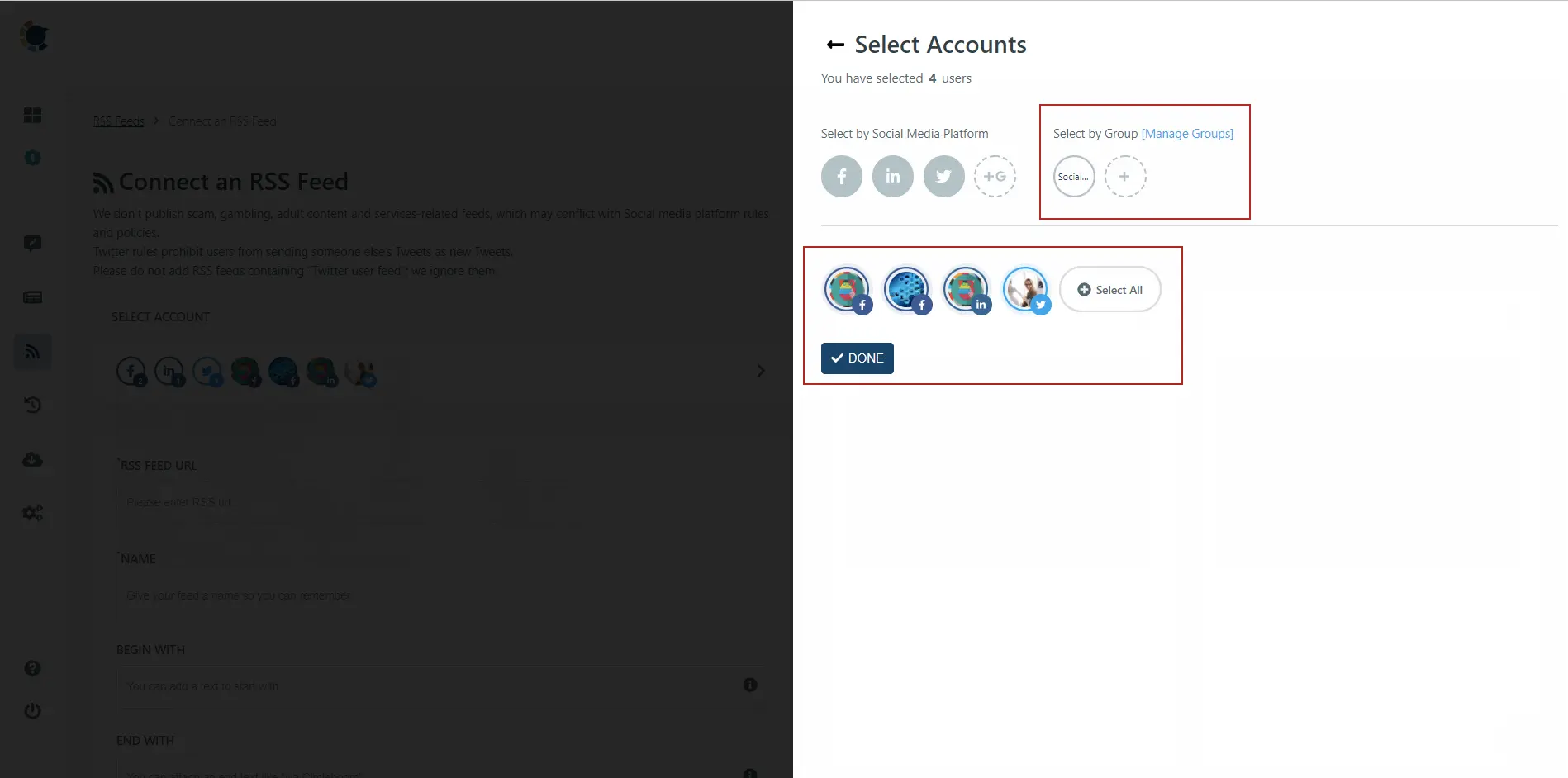 Select your connected social media accounts on Circleboom and share articles.
