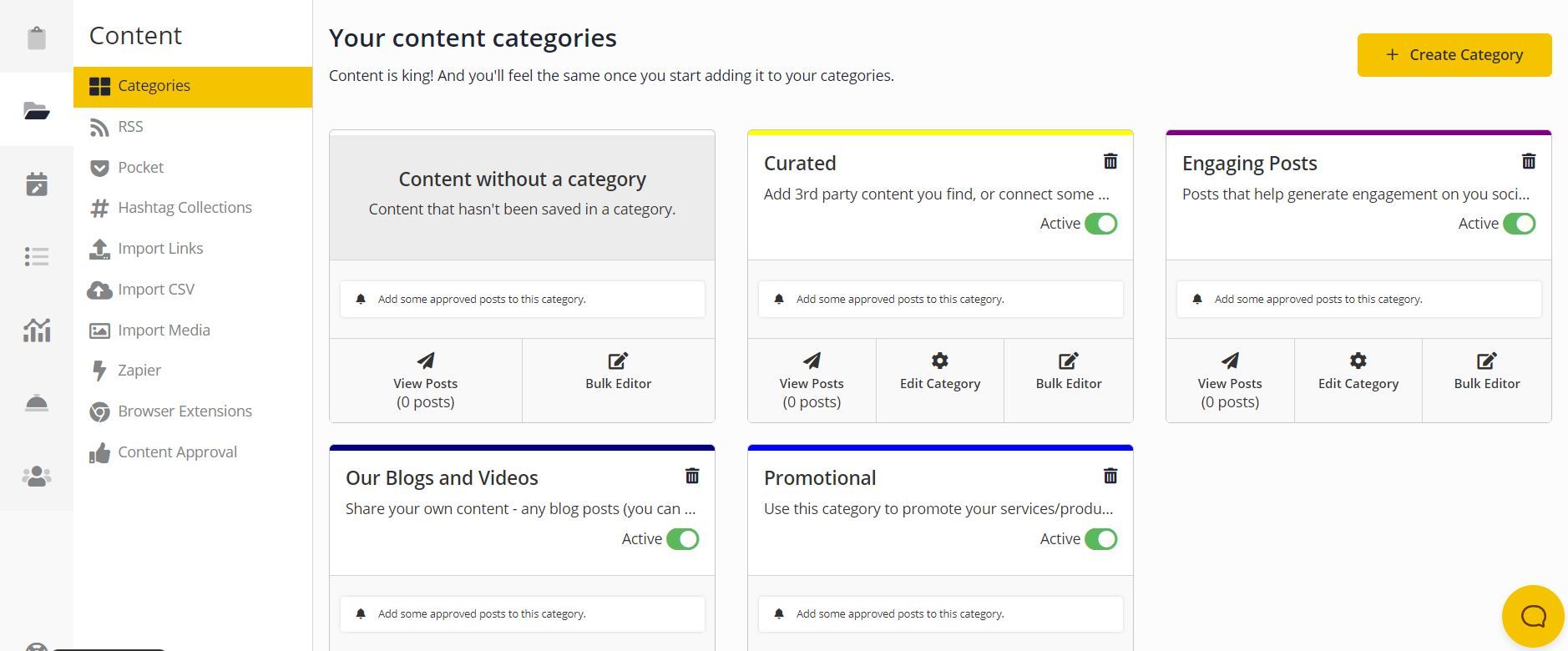 SocialBee scheduling tool helps create categories for the content type you share regularly