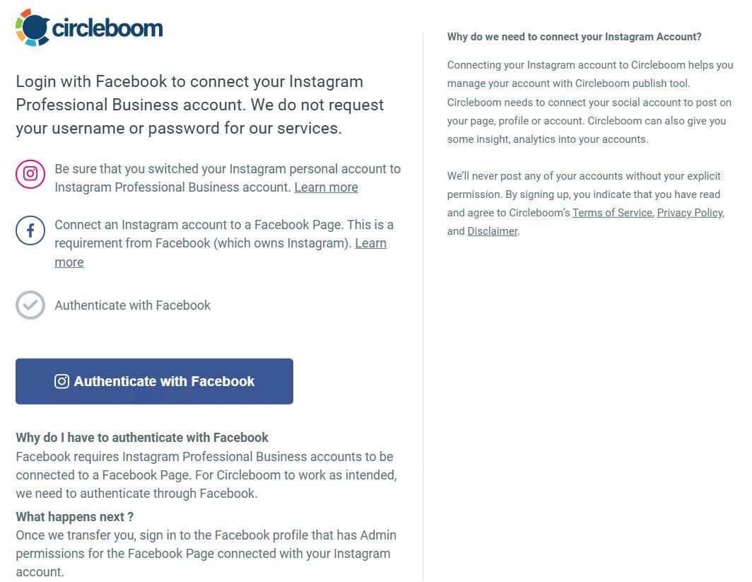 You can authenticate with Facebook to connect Instagram accounts to Circleboom dashboard