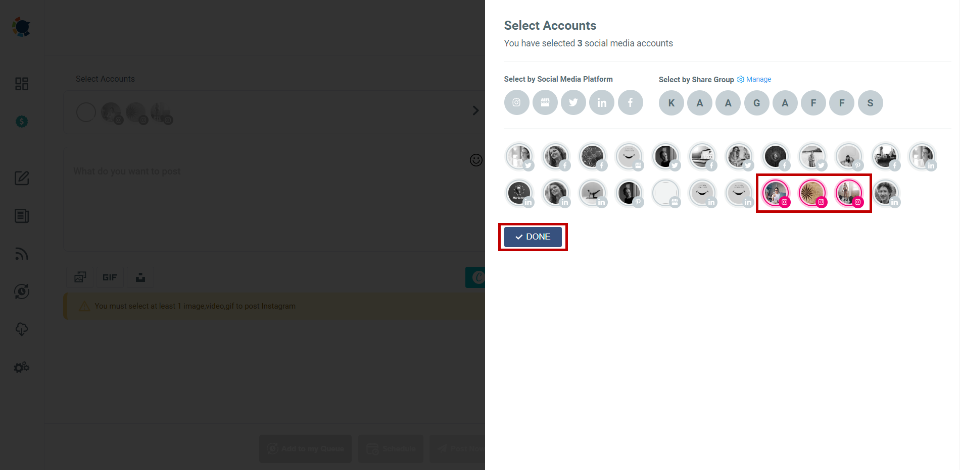 Select multiple Instagram accounts.