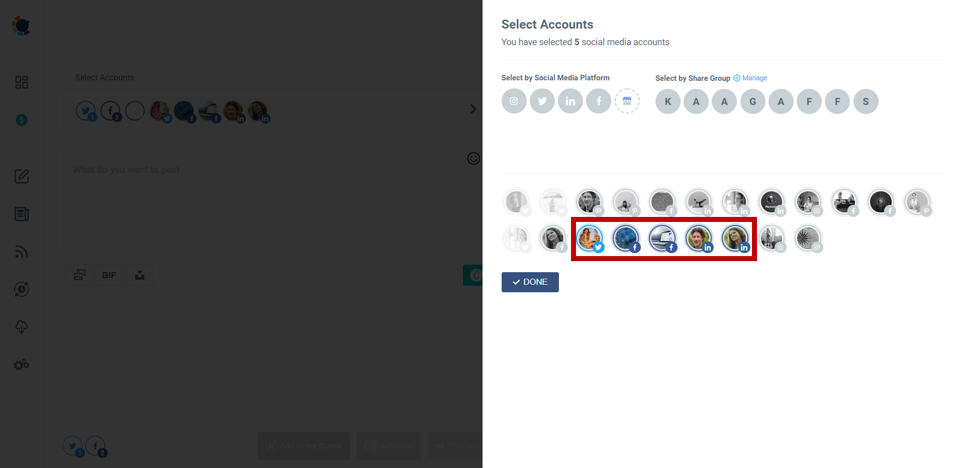 Select your Twitter, Facebook, and LinkedIn accounts you want to create posts for.