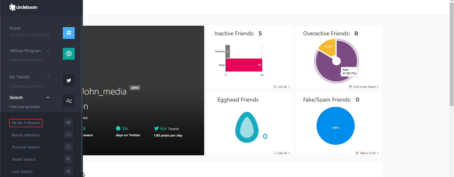 Circleboom dashboard gets you to see your follower list
