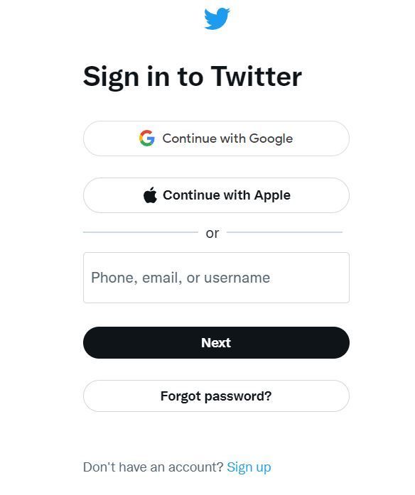 You can login your Twitter account with your personal info, Google, or & Apple 