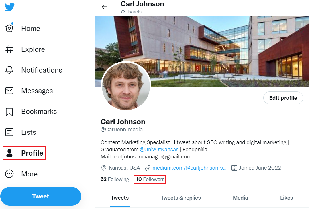 Twitter profile shows your various personal info like follower count 