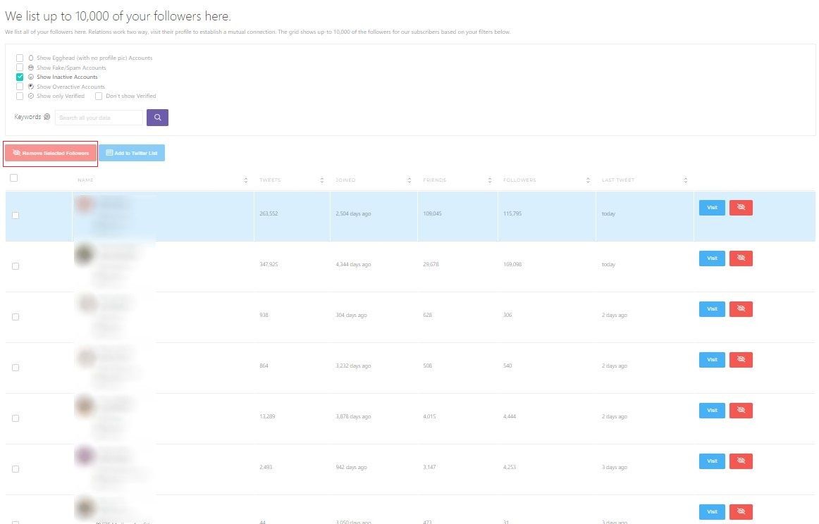 Circleboom Twitter allows listing and removing inactive Twitter followers. 