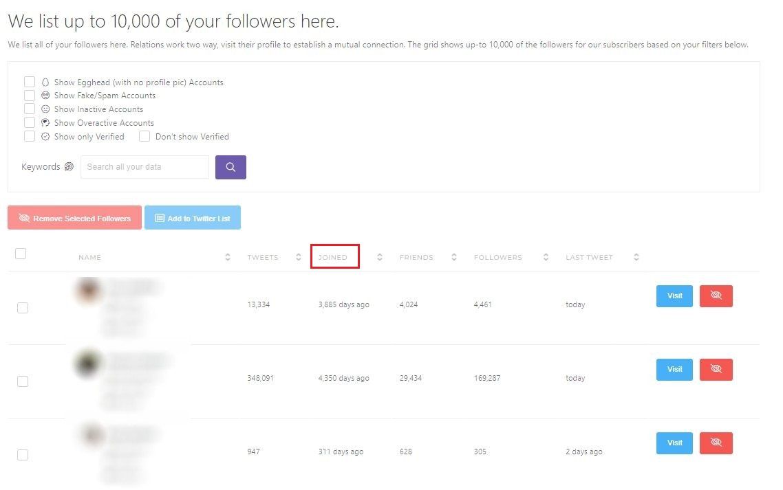 Circleboom Twitter has an intuitive dashboard shows and sorts your followers by their join dates.