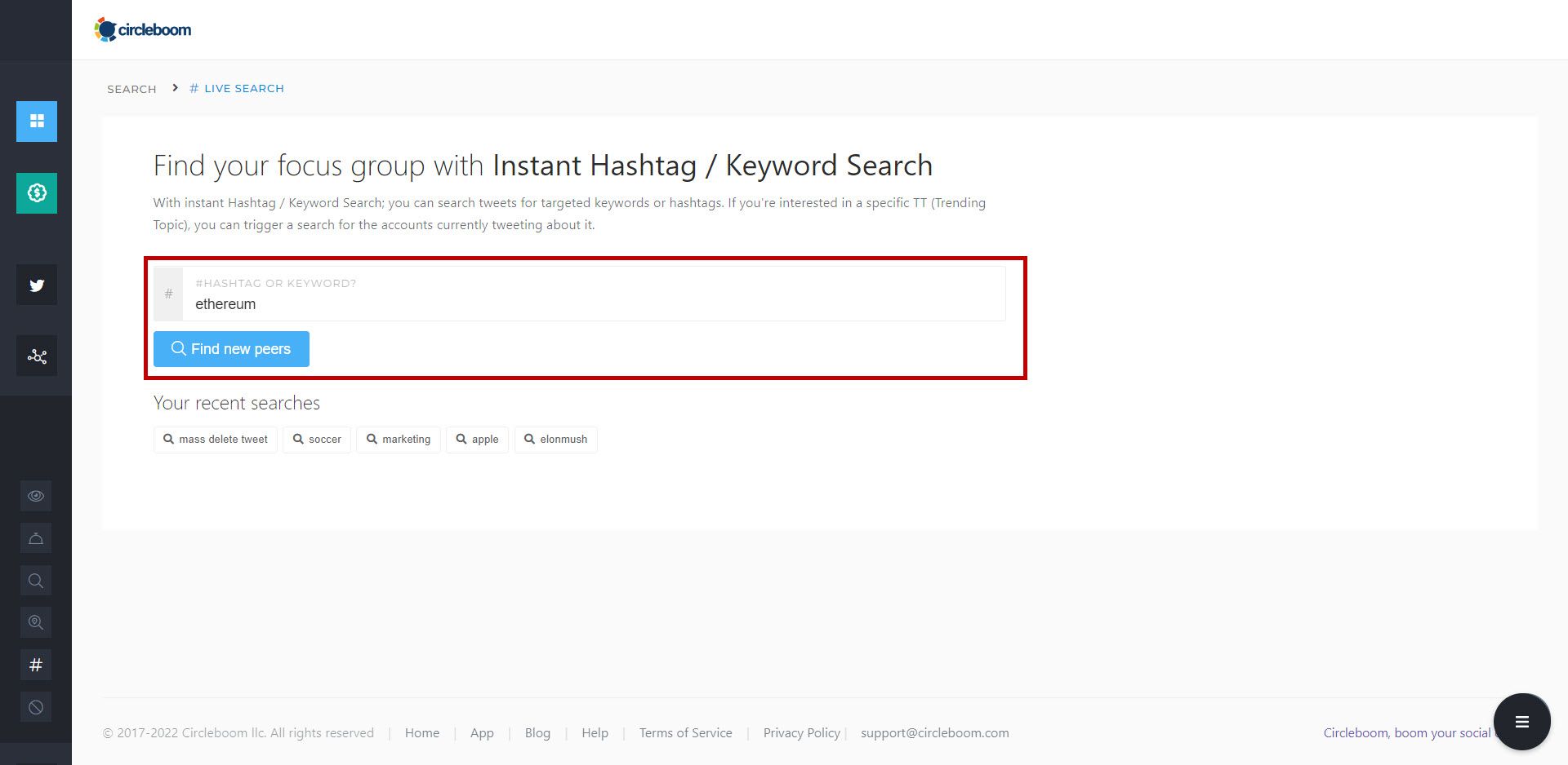 Search hashtags and keywords on Circleboom
