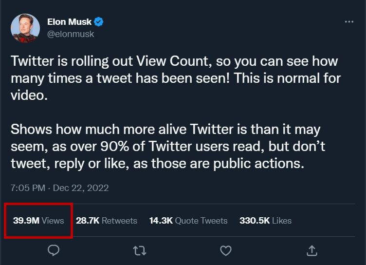 Elon Musk announcing that View Count is live.