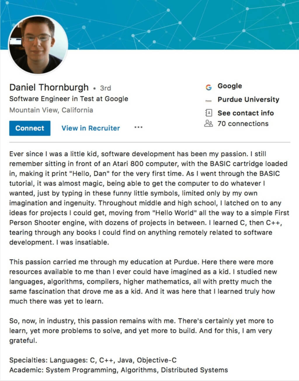 A fine LinkedIn profile example