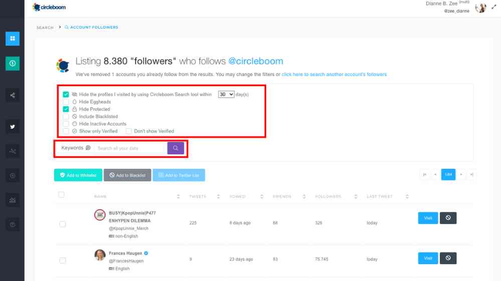 With Circleboom Twitter's filtering options, it becomes much easier to search someone's Twitter followers.