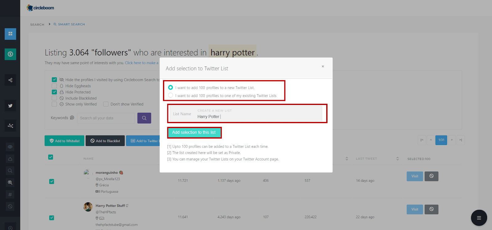 You can create new Twitter lists or add people to the existing ones in bulk.