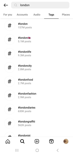 Search tag and find nearby Instagram accounts