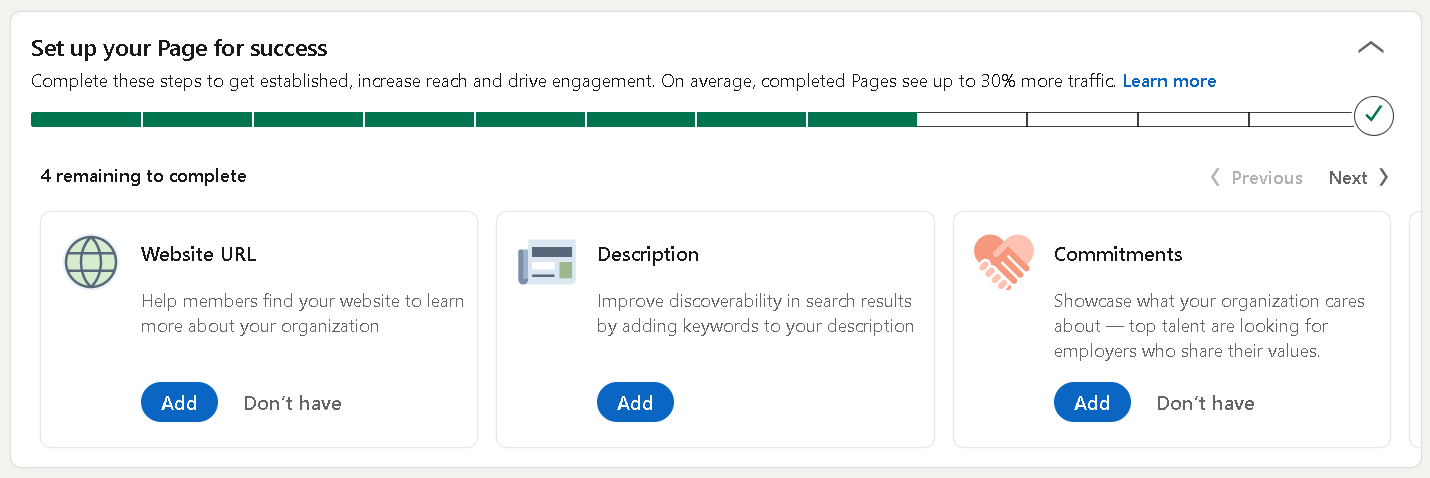 Linkedin suggests to have a fully complete company page.