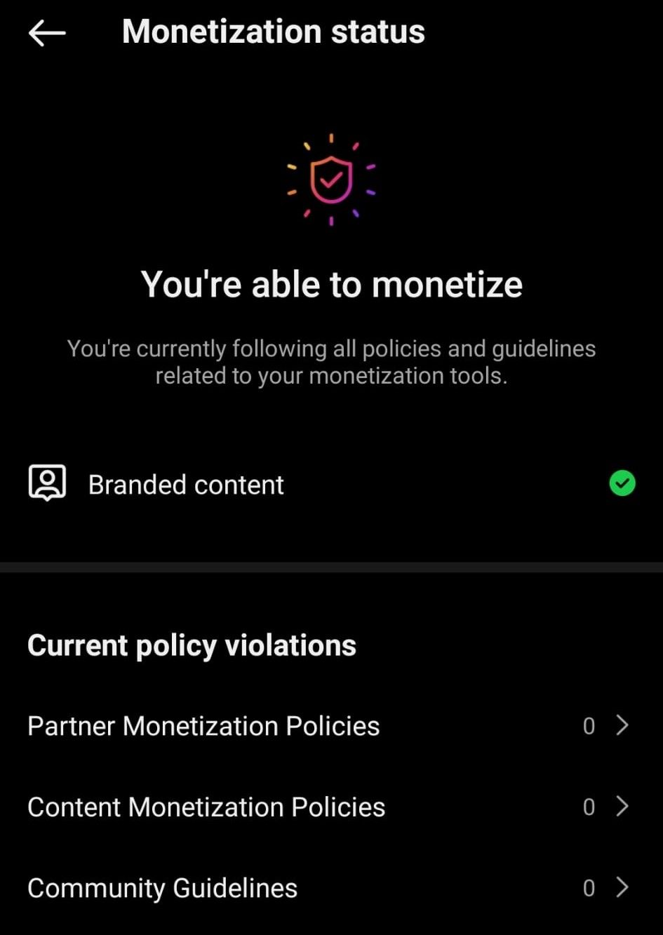 Monetization check for Instagram