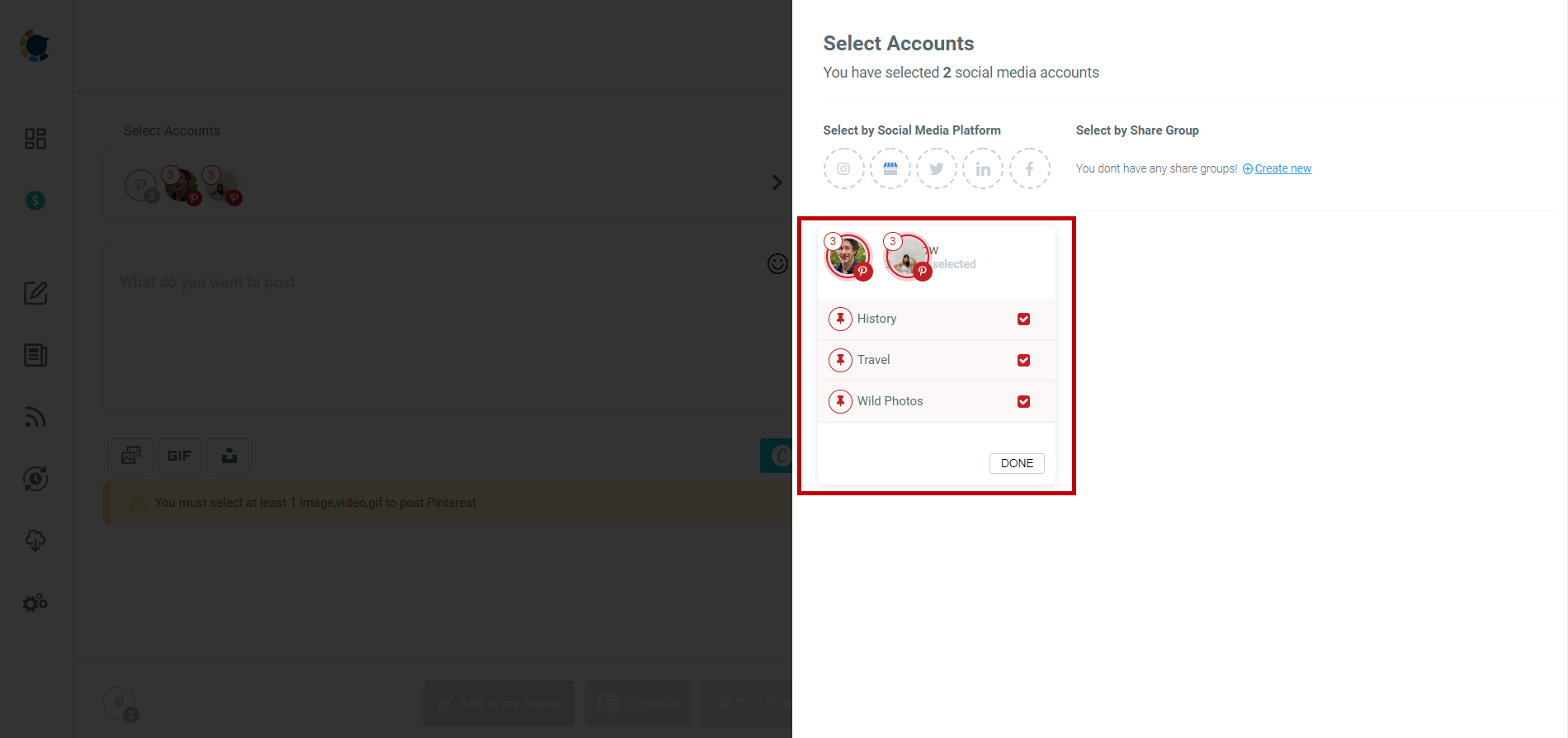 You can automate Pinterest pins for multiple Pinterest accounts and boards.