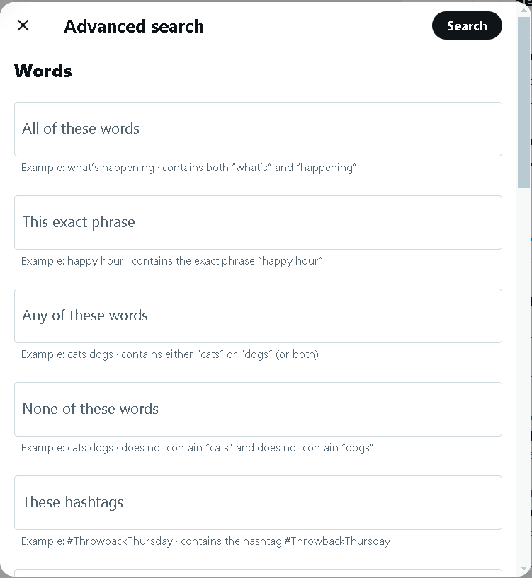 Twitter advanced search also has many filters.