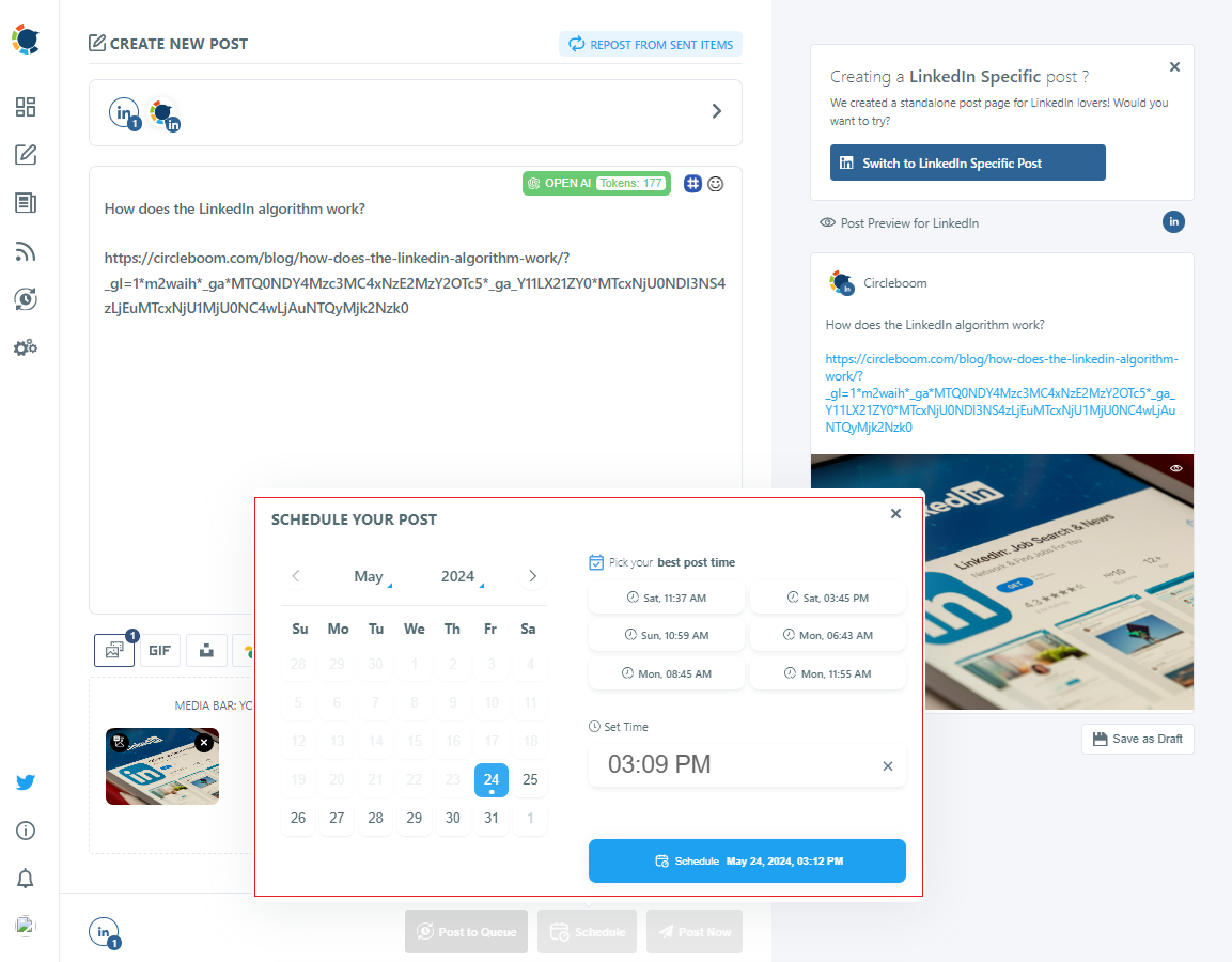 click "Schedule it" to complete the last step of Circleboom Publish's LinkedIn post-scheduling tool guide.