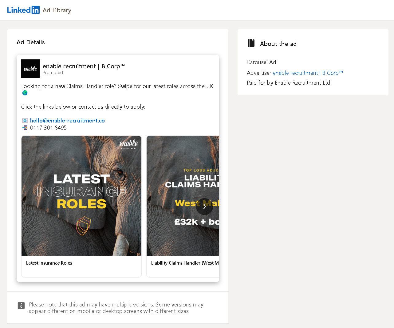 LinkedIn Carousel Ad Examples: Enable Recruitment