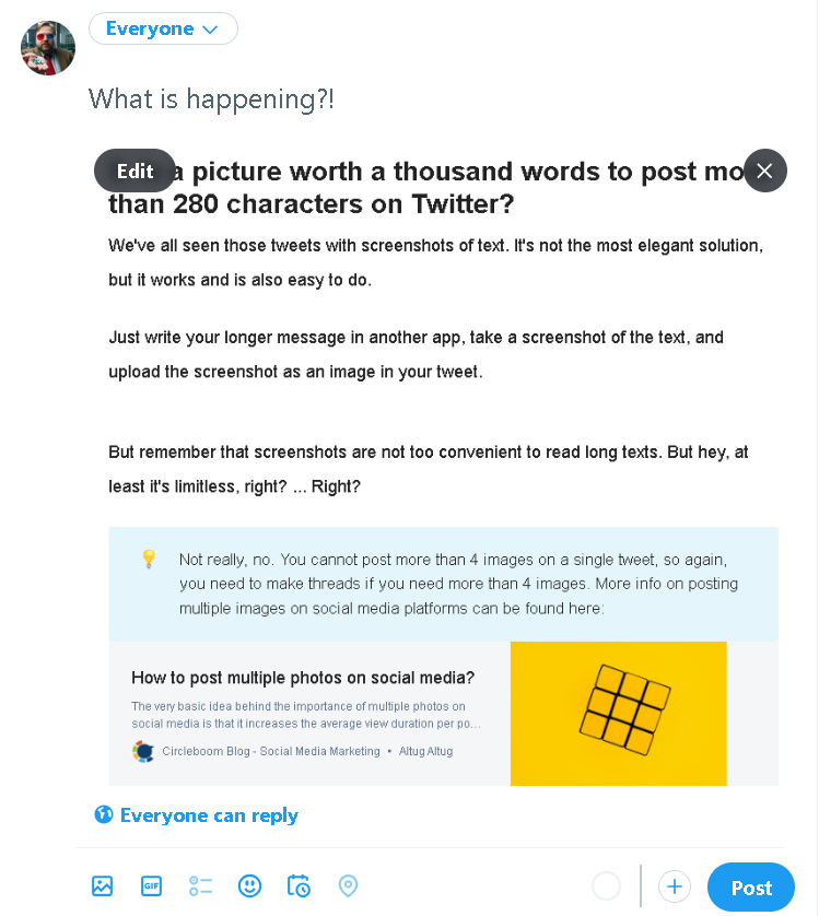 Use screenshots to post more than 280 characters on Twitter