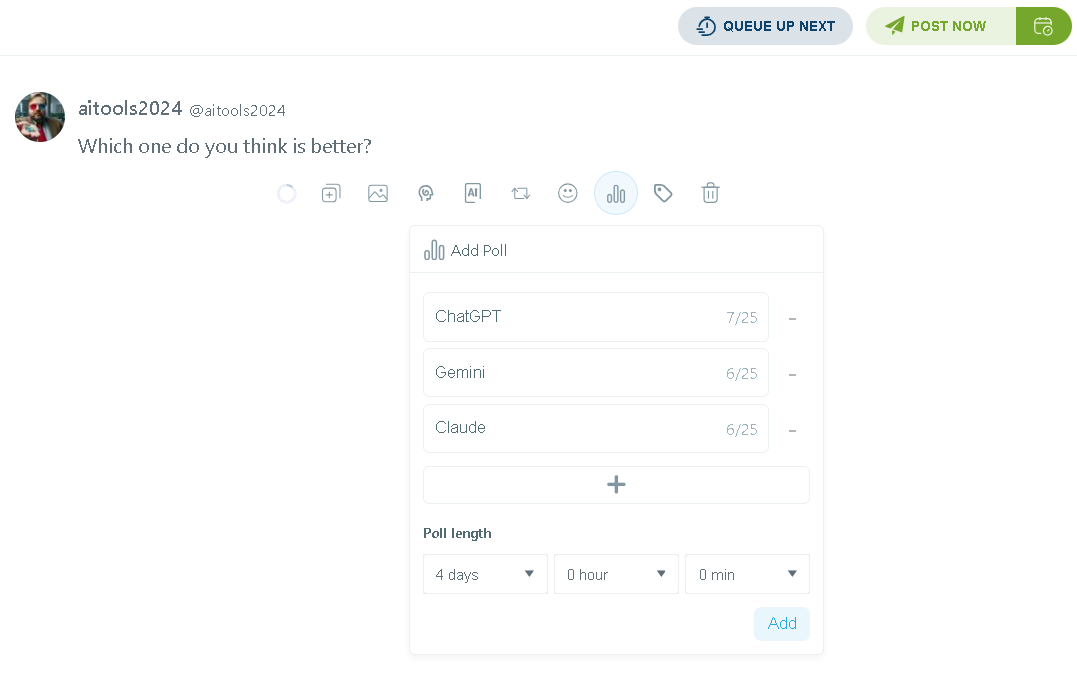 Creating polls on Circleboom is as easy as doing it natively on Twitter.