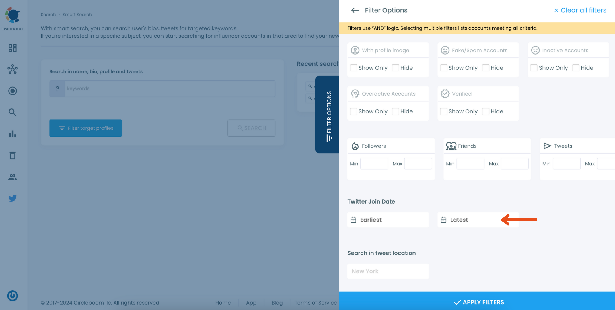 Apply Circleboom's filters to search influencers by location.