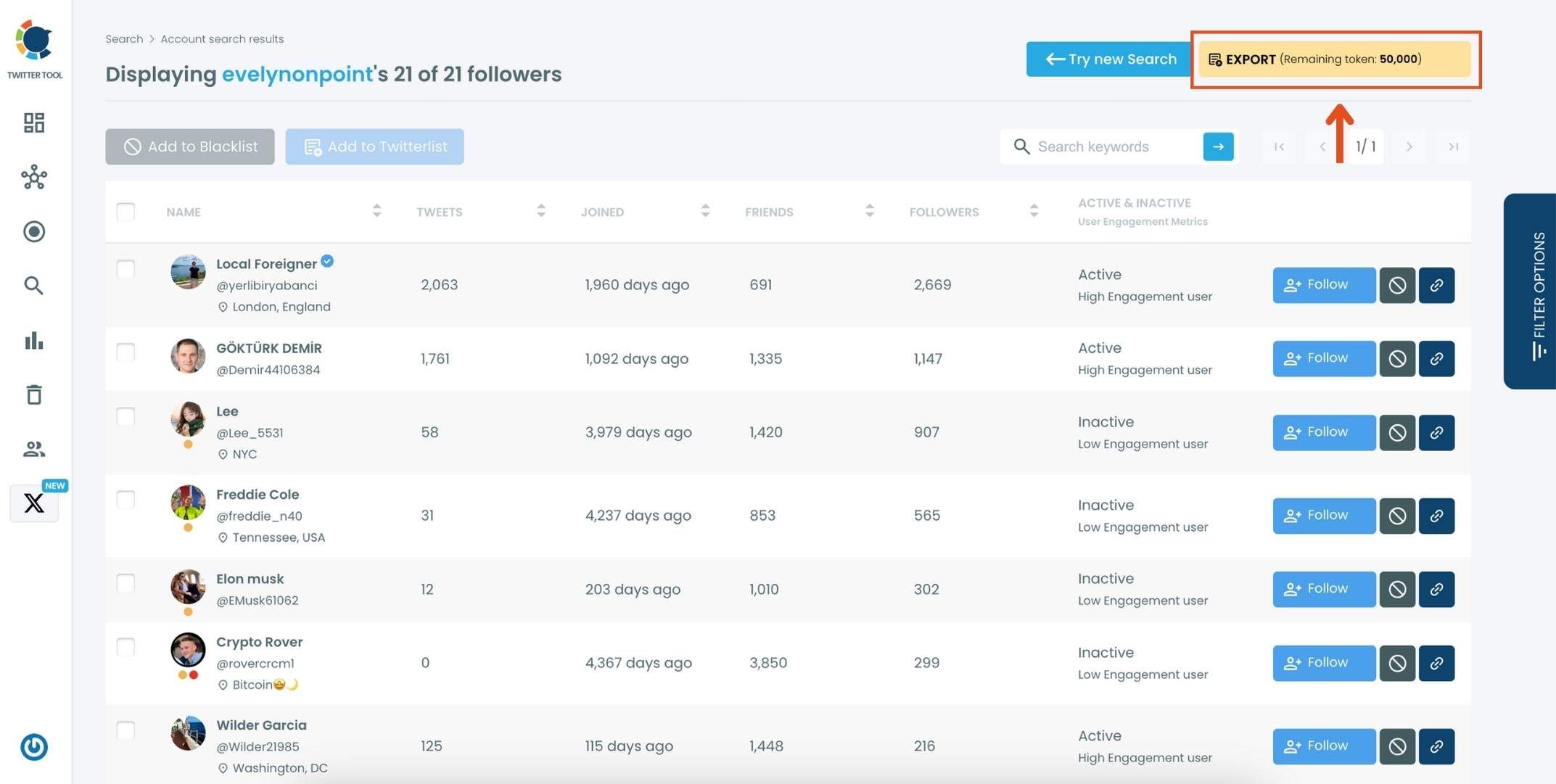 Export and analyze an account's Twitter followers