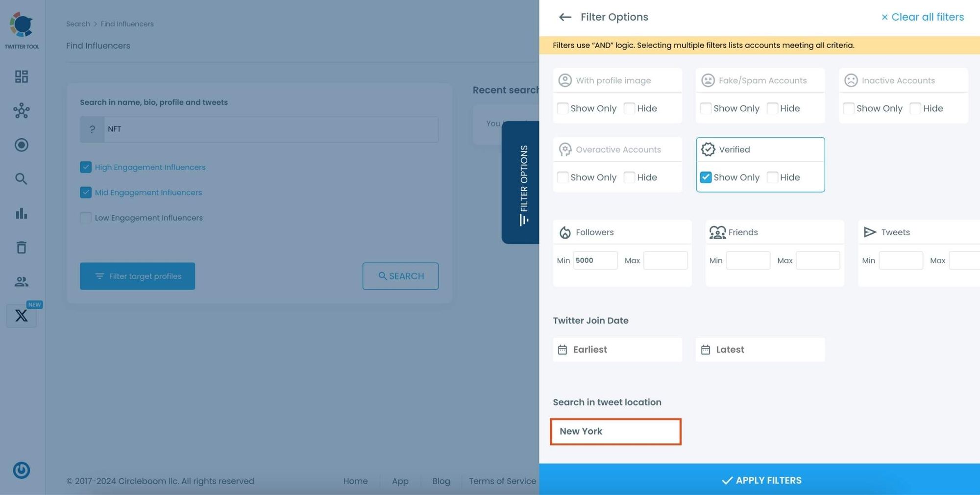 Apply Circleboom's filters to search influencers by location.