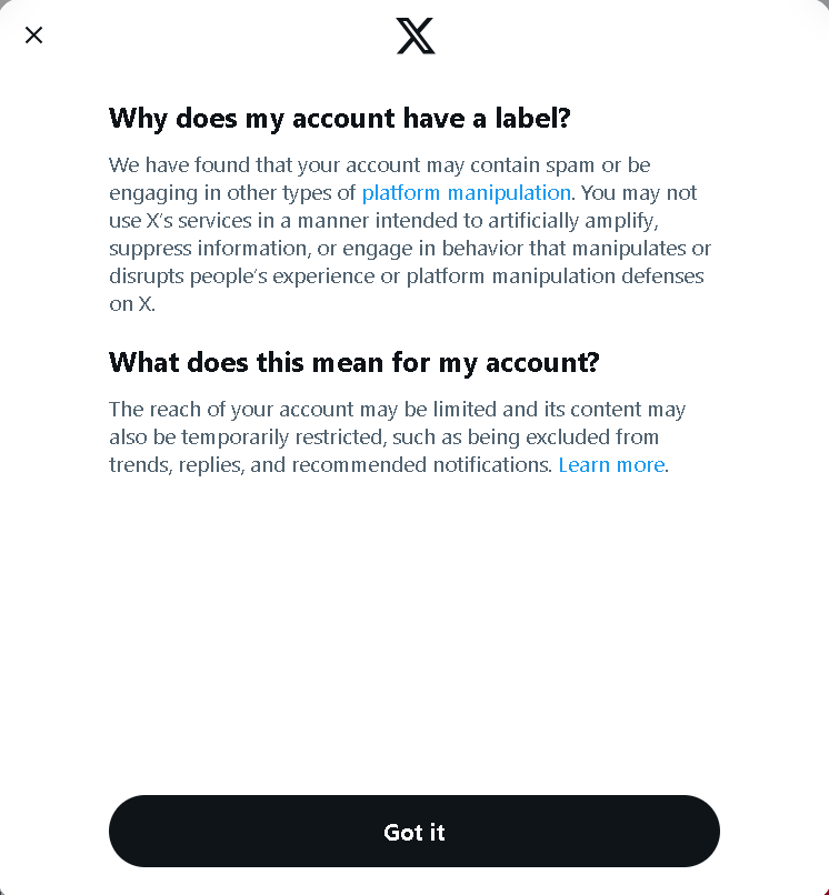 The explanation for my account's temporary label on Twitter.