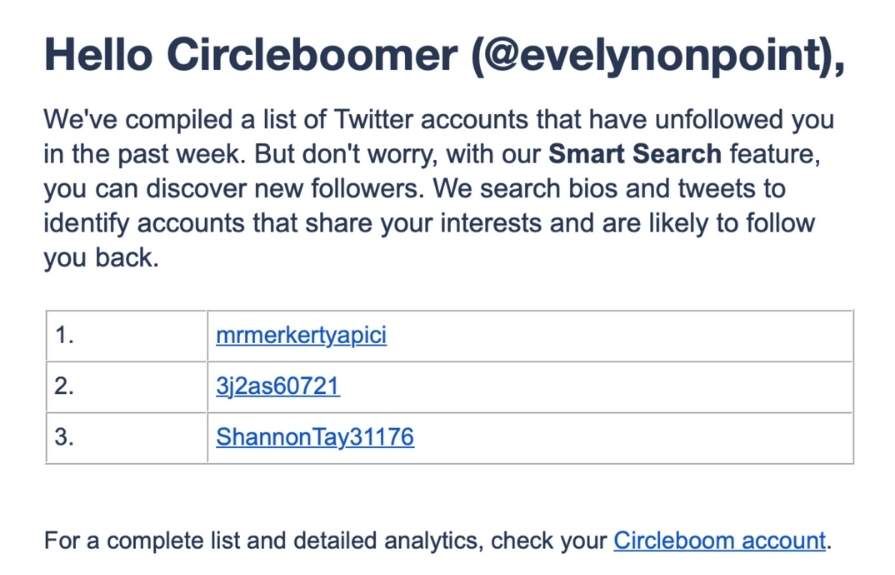 Weekly Unfollower Alert Mail via Circleboom