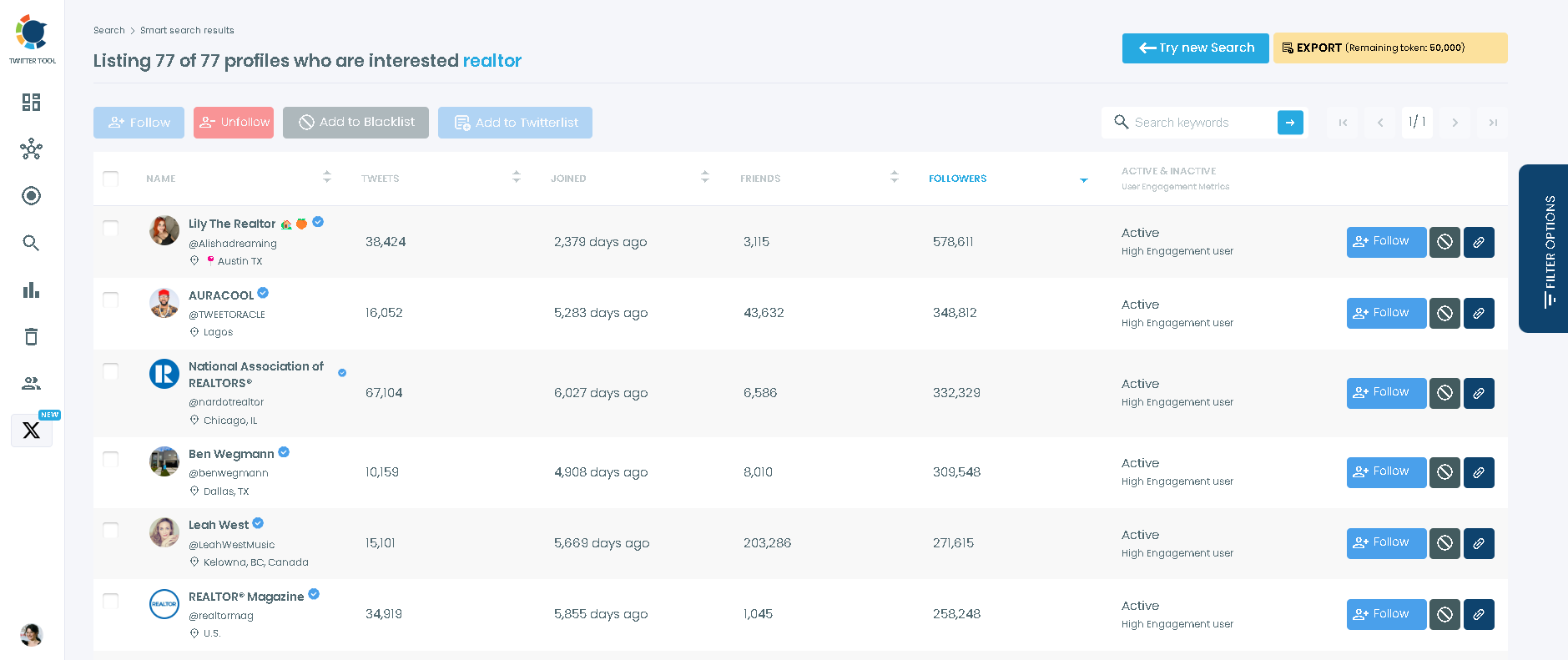 View, follow, and export real estate Twitter accounts with Circleboom 