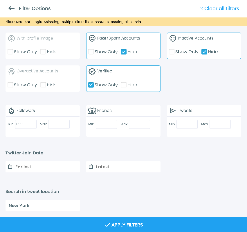 Filter the Twitter accounts to mass follow