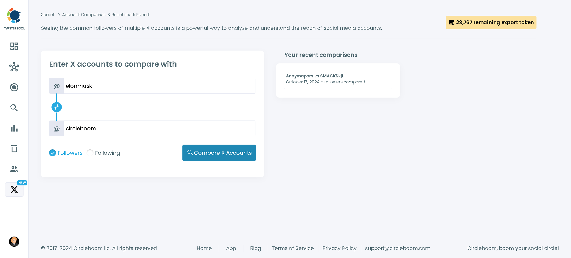 Enter handles to compare Twitter followers between two accounts